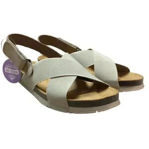 Plakton Sandals Women 8.5 Gray Goal Slingback Elastic Leather Cork Flat Shoe NEW